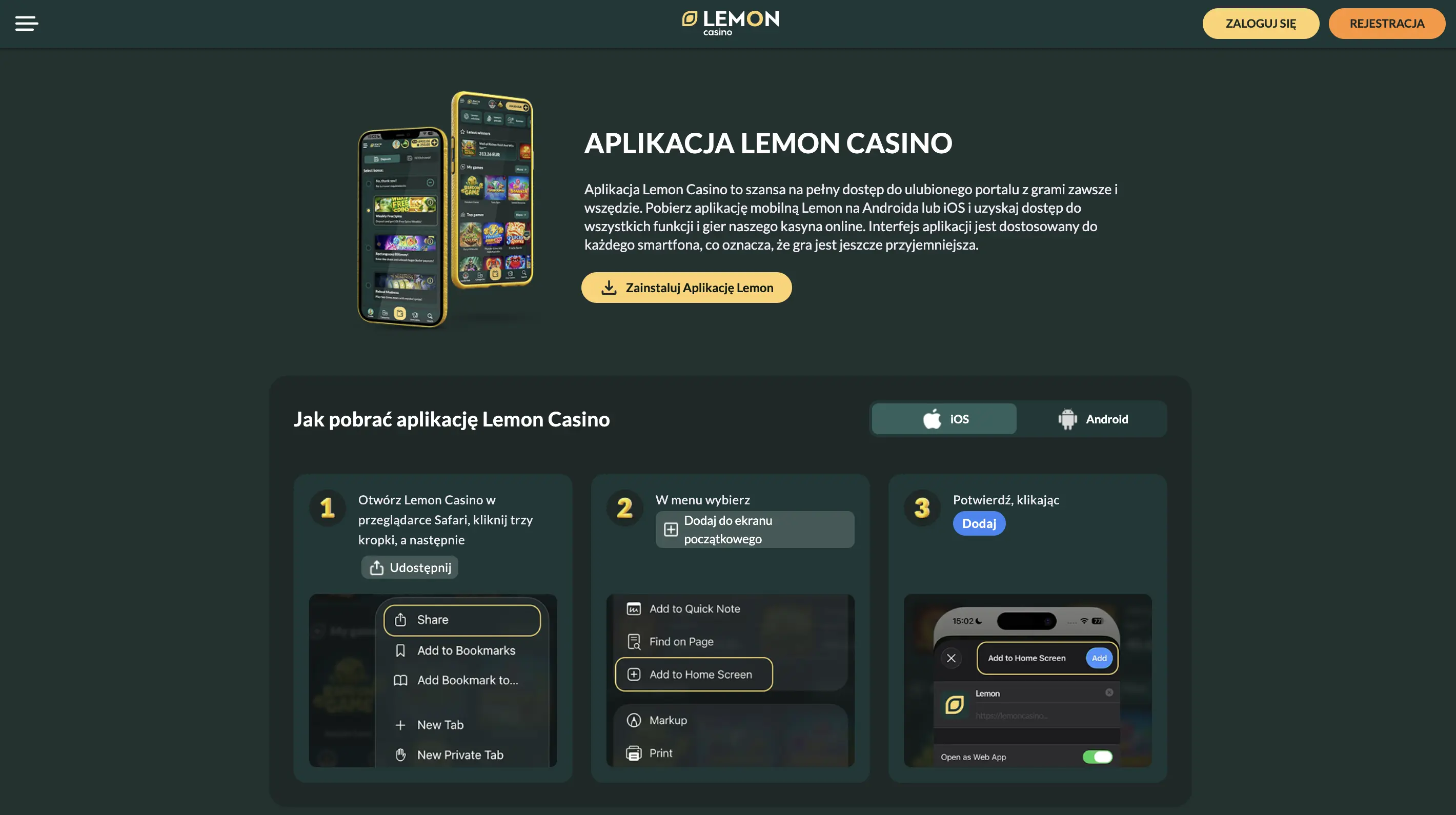 Aplikacja PWA, pomoc techniczna i dostępność Lemon Casino